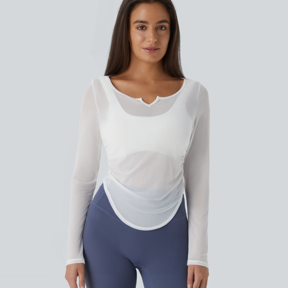 Halara Women's White Long-Sleeve Sheer Scoop Neck Top